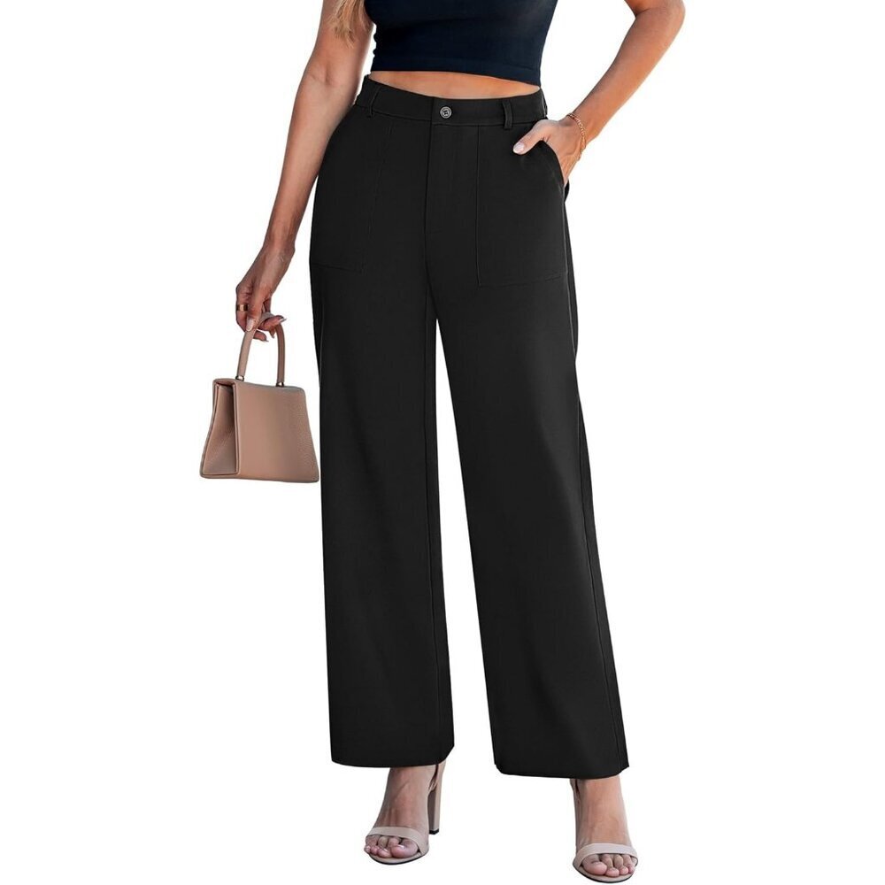 Women's Black Polyester Business Casual High Waisted Elastic Wide Leg Dress Pant